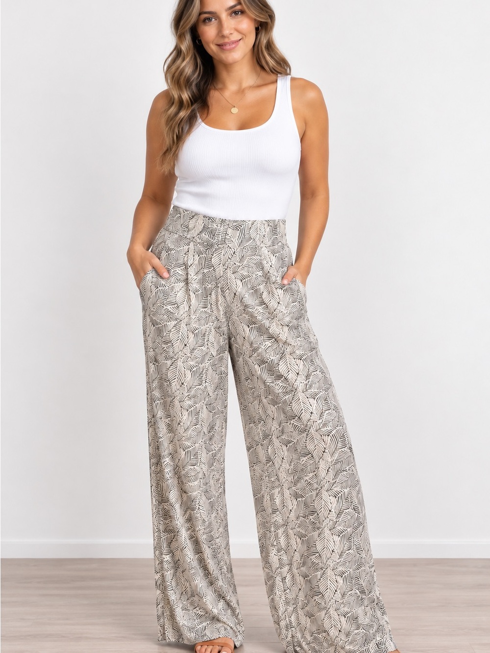 Pretty You London Leaf Print Wide Leg Palazzo Pants Size 10-12